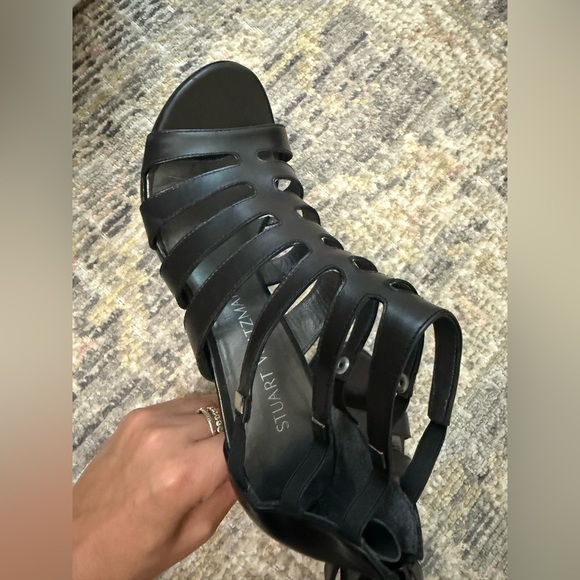 Stuart Weitzman Outing Heeled Sandal Black Leather Strappy Cage Design - Picture 11 of 16